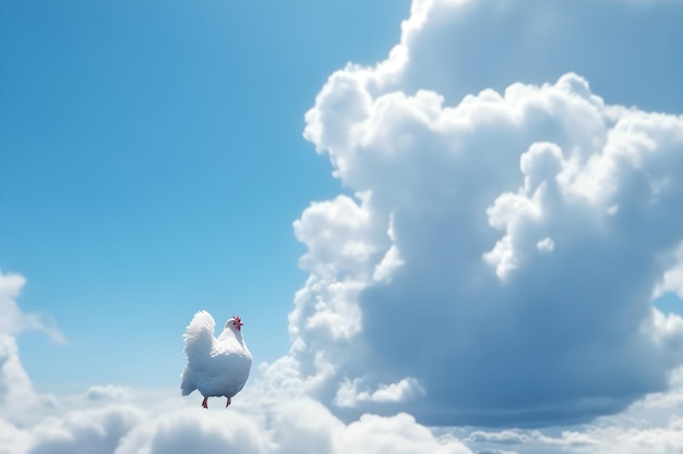 A chicken is standing on a cloud in the sky.