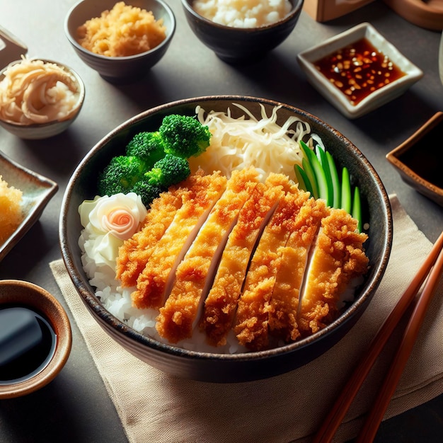 chicken katsu don is japanese food served with soy sauce on table