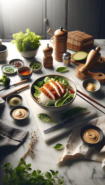 Chicken Katsu Salad on White Marble Counter