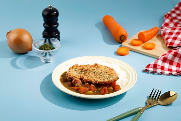 Chicken Katsu with Japanese Curry, Serve with White Rice on Cream Ceramic Plate, Blue Background