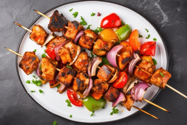 Chicken kebab skewers on a plate