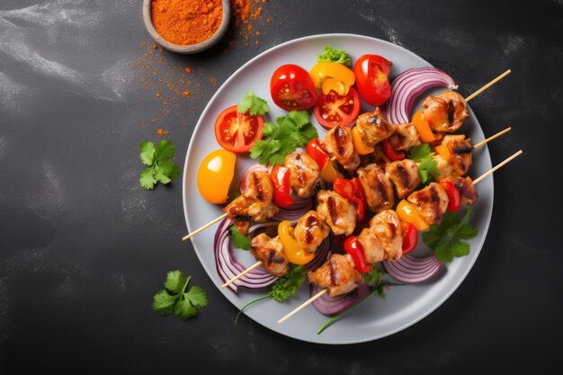 Chicken kebab skewers on a plate