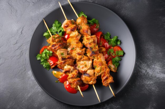 Chicken kebab skewers on a plate