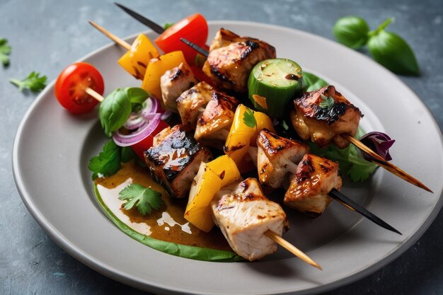 Chicken kebab skewers on a plate