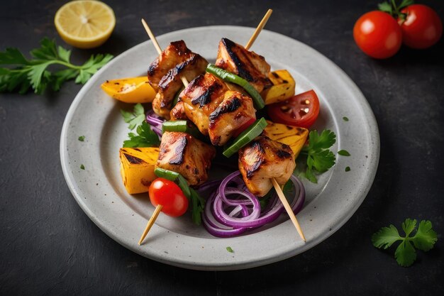 Chicken kebab skewers on a plate