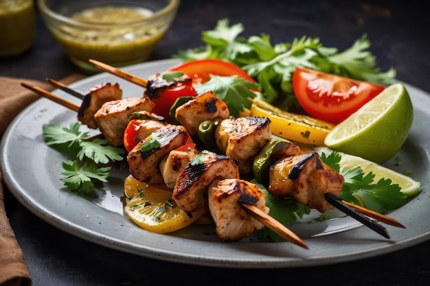 Chicken kebab skewers on a plate