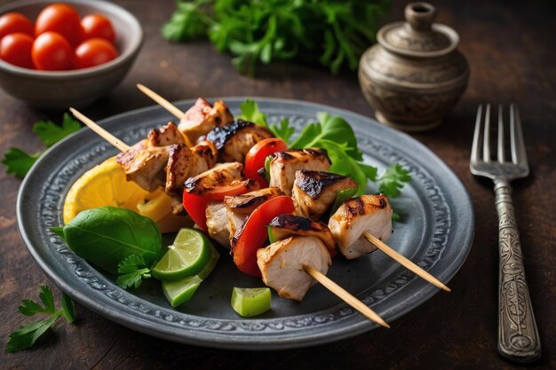 Chicken kebab skewers on a plate