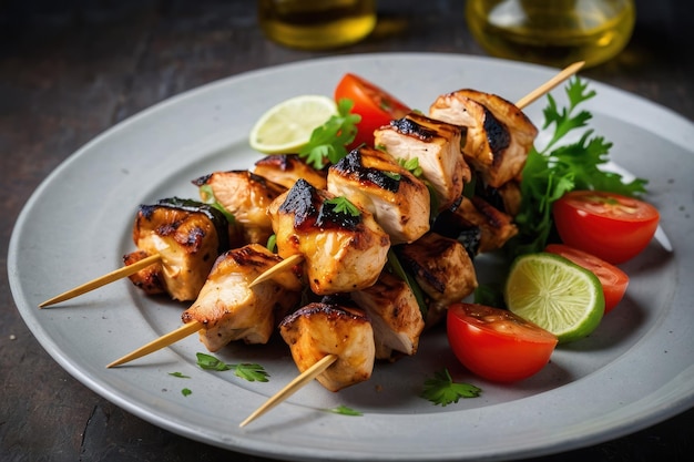 Chicken kebab skewers on a plate