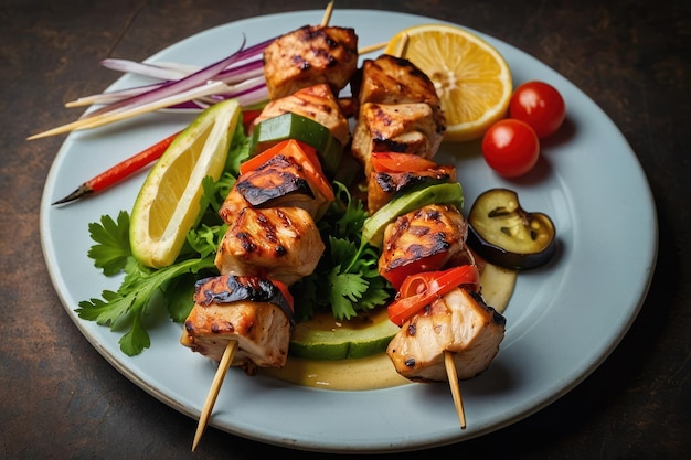 Chicken kebab skewers on a plate