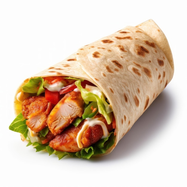 Chicken kebab in a tortilla wrap isolated on white background