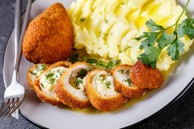 Chicken Kiev served with potato mash on a plate