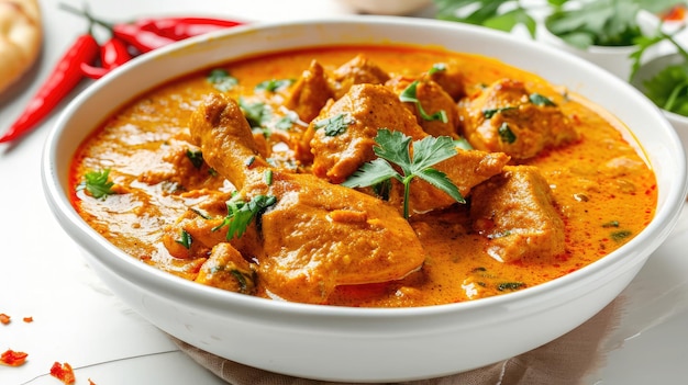 Chicken Korma isolated on white Indian cuisine meat curry dish with coconut milk masala Asian food