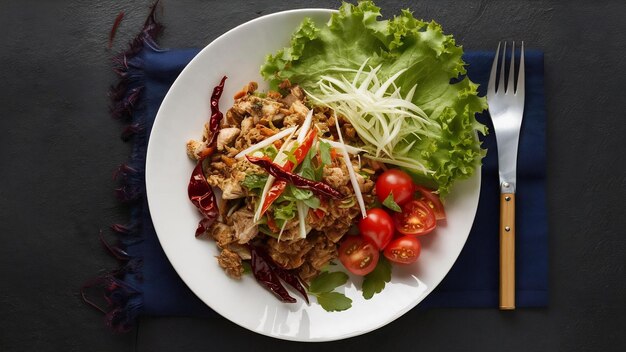 Chicken larb on the plate with dried chilies tomatoes spring onions and lettuce