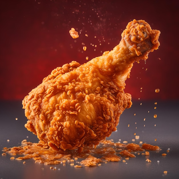 A chicken leg is falling into the air and the word chicken is on the red background.