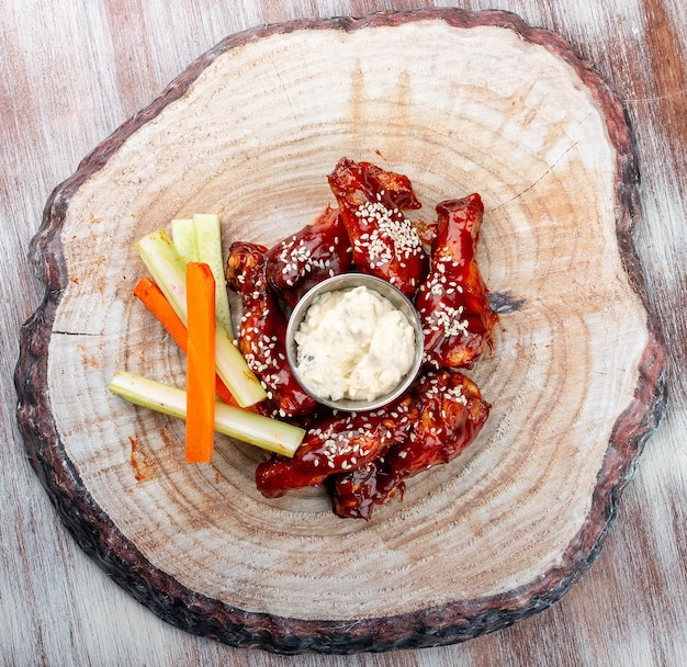 Chicken legs in barbecue sauce with fresh vegetables and tartar sauce