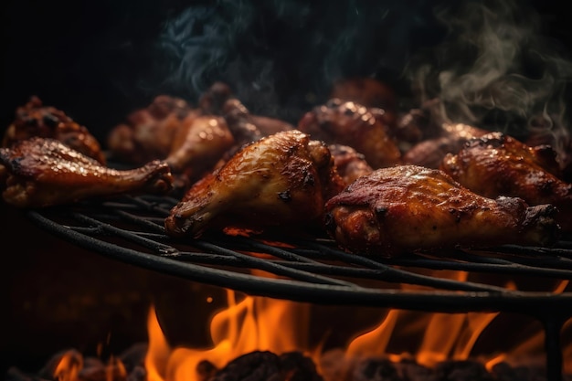 Chicken legs and wings on the grill with flames AI generated