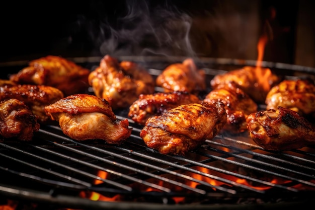 Chicken legs and wings on the grill with flames AI generated