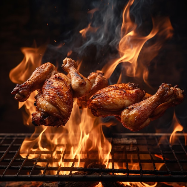 Chicken legs and wings on the grill with flames