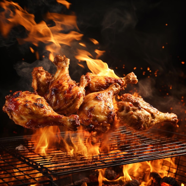 Chicken legs and wings on the grill with flames