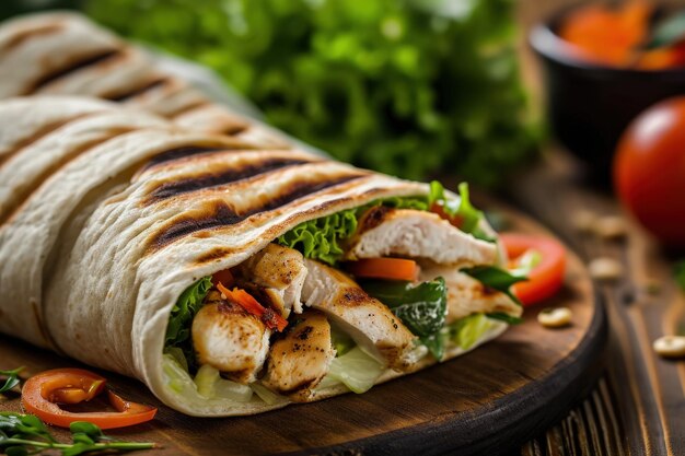 Chicken and lettuce wrap on cutting board