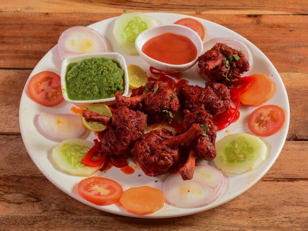 Chicken lollipop is indian chinese appetizer served over a\
wooden rustic background selective focus