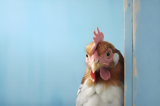 A chicken looks from the corner on a blue background Generative AI 8