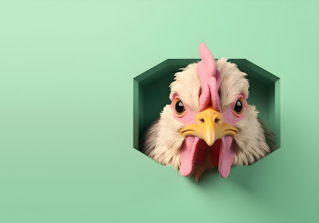 A chicken looks out of a hole in a green wall.