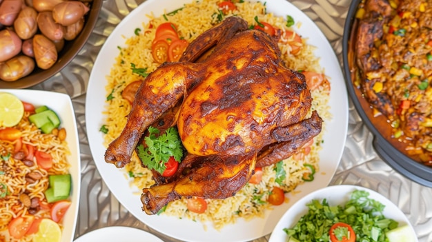 Chicken Mandy top view The national Saudi Arabian dish Generative Ai