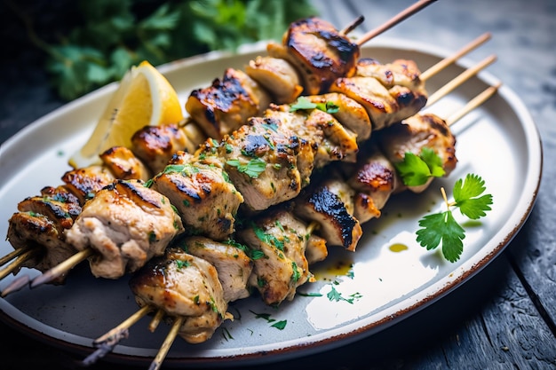 Photo chicken meat skewers meal with lemon and vegetables on plate