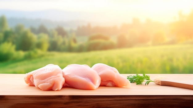 Foto carne di pollo sul tavolo sullo sfondo di un campo focus selettivo