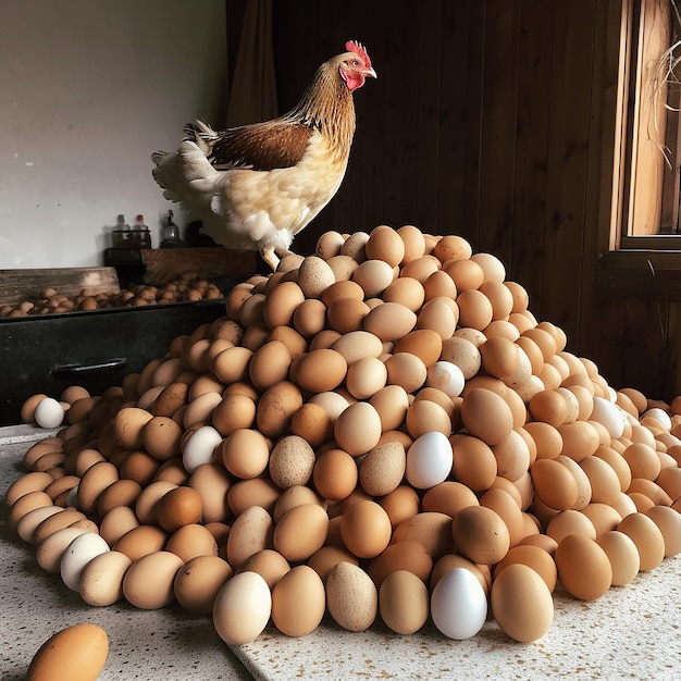 卵の山の上の鶏、たくさんの卵、養鶏場のパッケージを広告するための良い背景