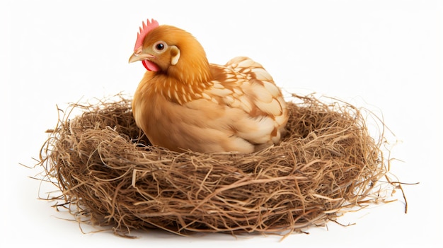 Chicken in nest with eggs isolated on white background