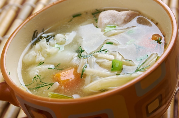 Chicken noodle soup broth closeup