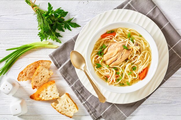 Chicken noodle soup with carrots and scallion