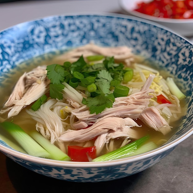 Chicken noodle soup with coriander in blue bowl on table