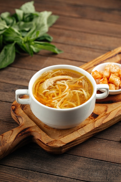 Chicken noodle soup with croutons