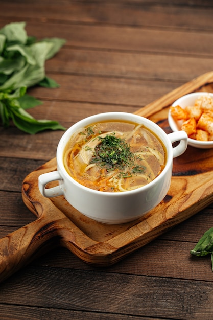 Chicken noodle soup with croutons