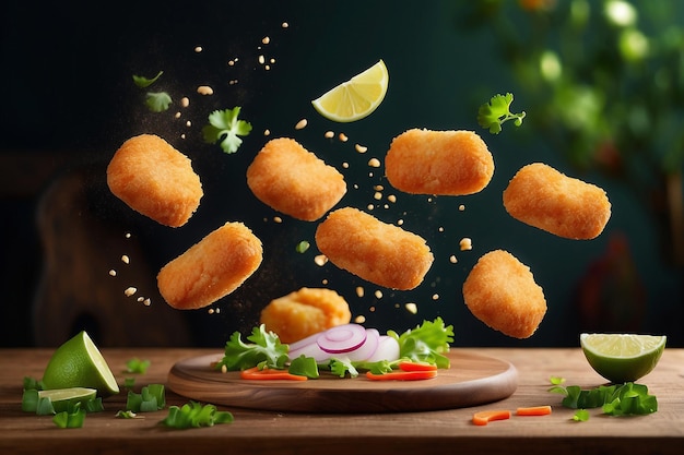 Chicken Nuggets in the air with lime and veg Mexican food