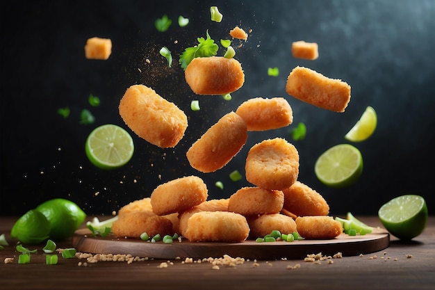 Chicken Nuggets in the air with lime and veg Mexican food