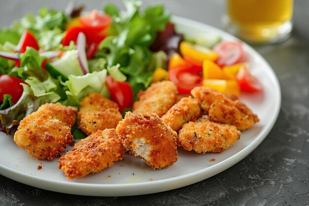 写真 白い皿のチキンナゲットと野菜サラダ