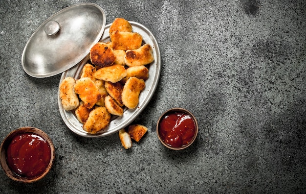 Chicken nuggets in a bowl with sauce.