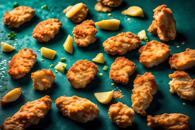 Photo chicken nuggets closeup shot on dark cyan background