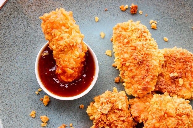 Chicken nuggets in cornbread on a plate with sauce