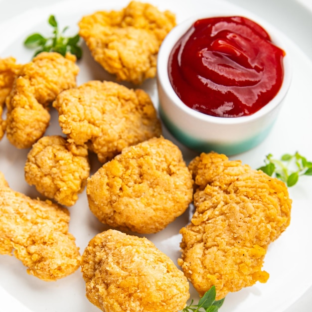 Photo chicken nuggets deepfried tomato sauce meat ready to eat meal food snack on the table copy space