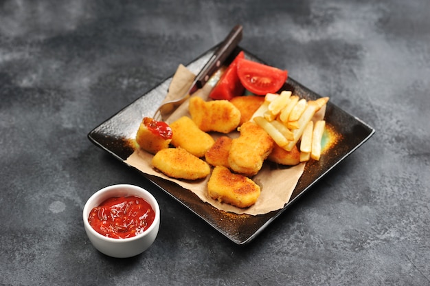 Chicken nuggets with French fries, tomato ketchup
