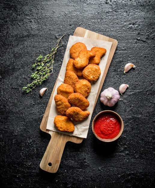 Chicken nuggets with thyme garlic and sauce in bowl