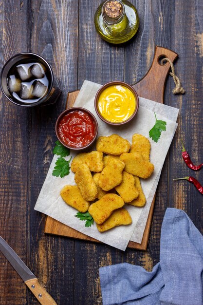 Chicken nuggets with two sauces. Fast food. American food.