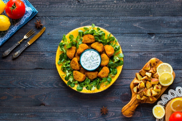 Chicken nuggets with yogurt sauce on a wooden background