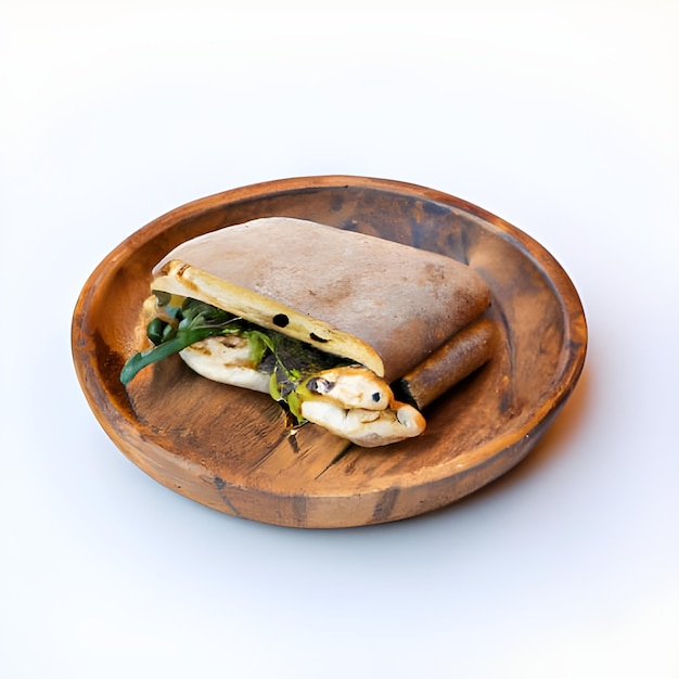 Photo chicken panini has chicken pesto mozzarella rocket olive panini bread in brown wooden plate