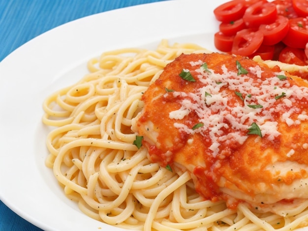 Chicken parmesan with pasta and garnishments